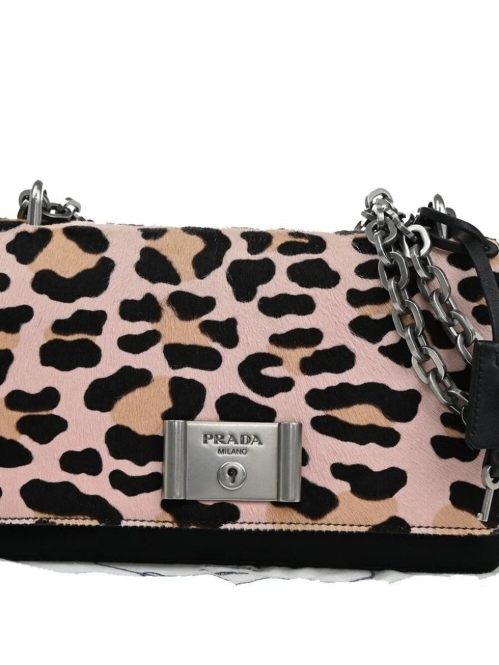 PRADA MILANO Leopard Chain Shoulder Bag Hair on Leather Nylon Black Pink